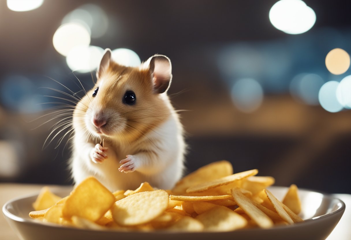 A hamster is sitting next to a bowl of chips, looking curious