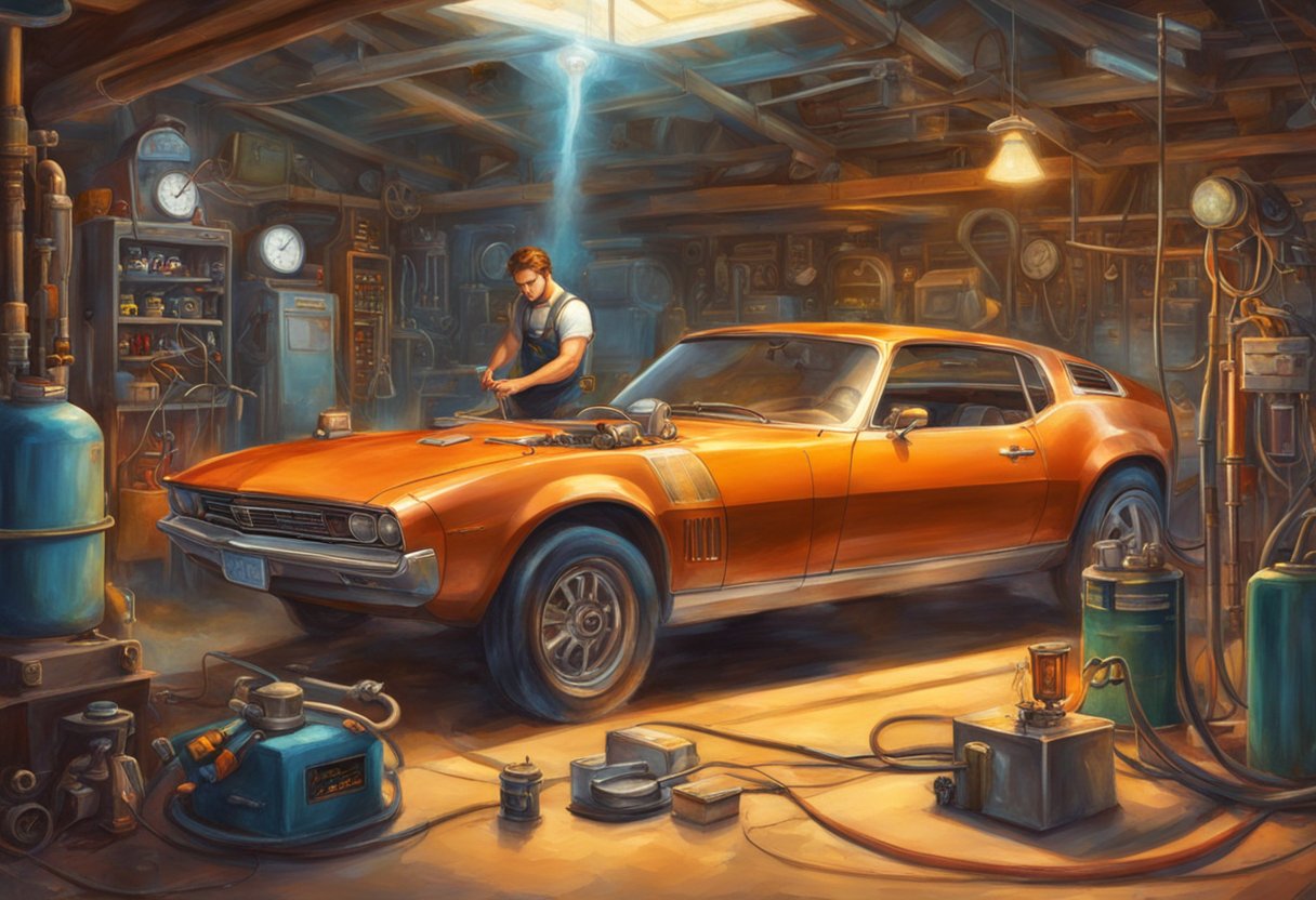 A mechanic inspects a car's fuel pump with a multimeter, checking for proper voltage and resistance. A car is parked in a well-lit garage with tools and diagnostic equipment nearby