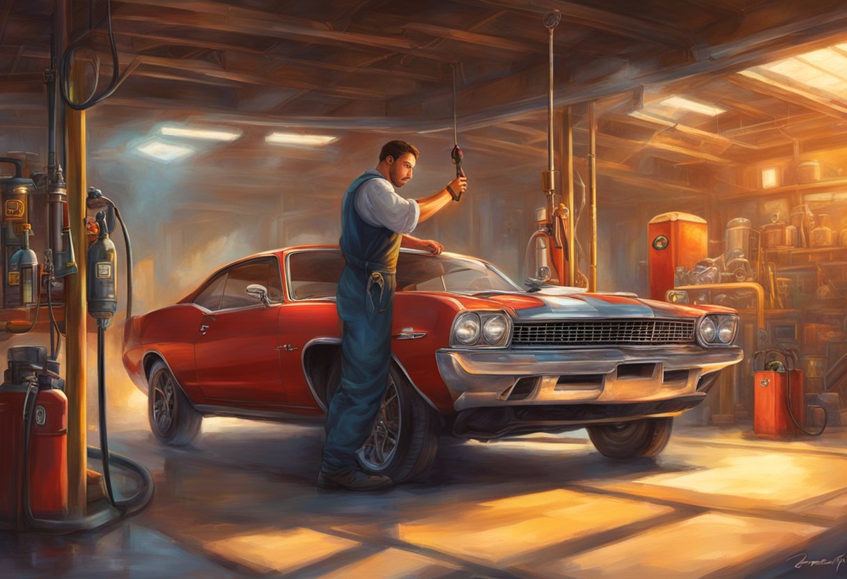 A mechanic inspecting a car's fuel pump with diagnostic tools and a flashlight. The car is elevated on a lift in a well-lit garage