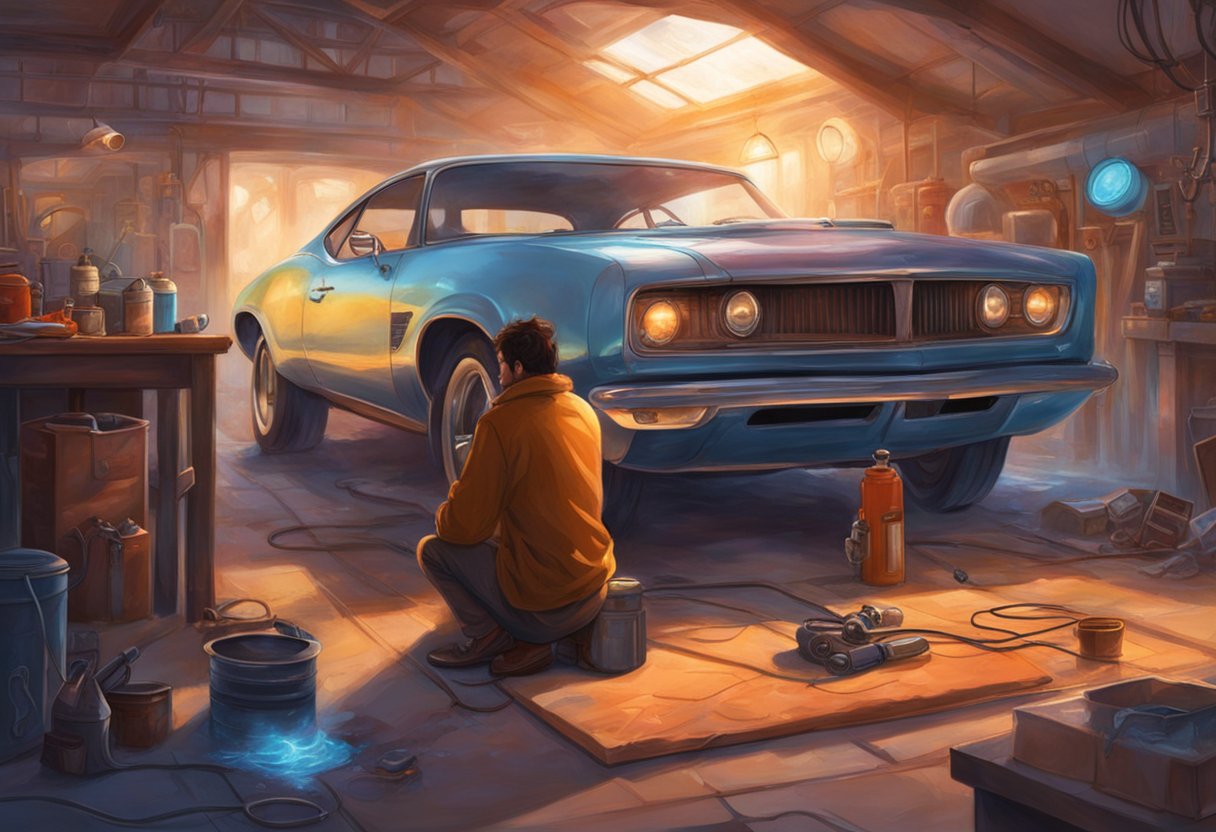 A car's hood is open, revealing the engine compartment. A mechanic is using a diagnostic tool to check the fuel pump. The car is parked in a well-lit garage