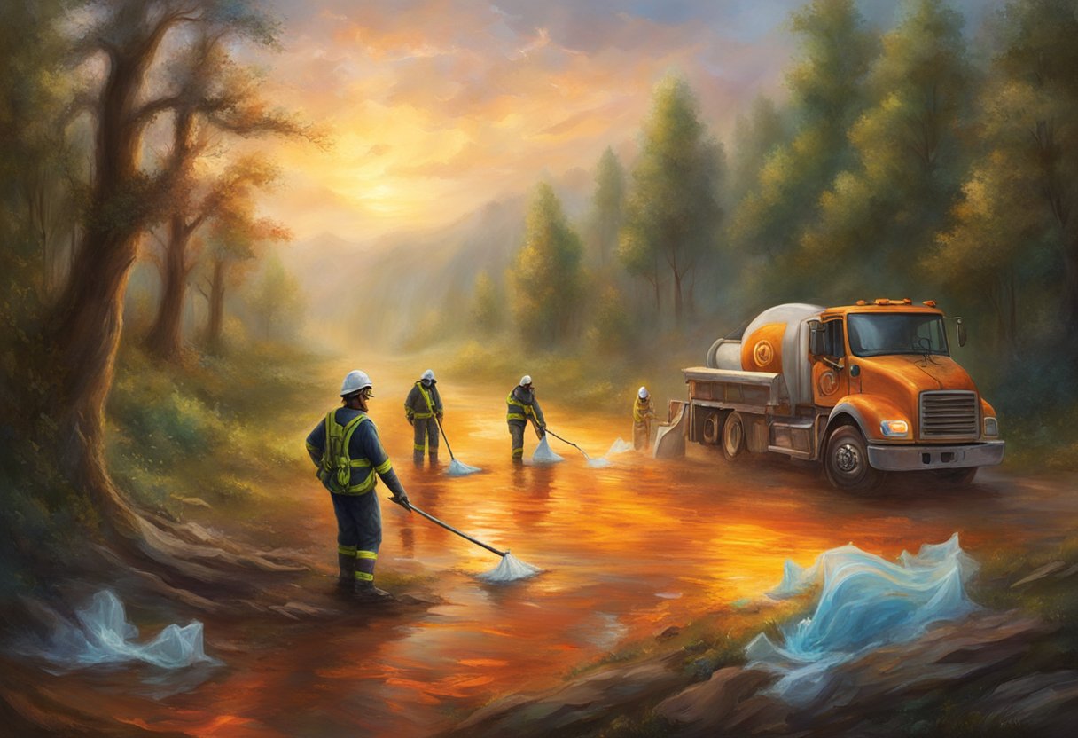 A spill response team lays down absorbent materials and sets up warning signs around the gas spill, then carefully begins to clean up the area