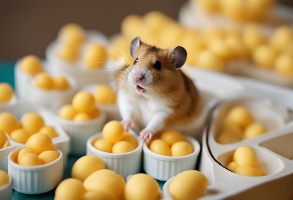 A hamster eagerly nibbles on a small pile of scrambled eggs in its cage