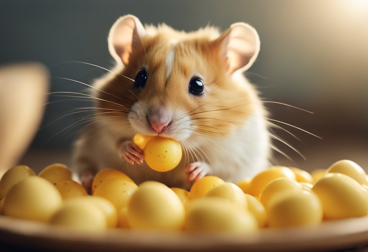 A hamster eagerly nibbles on a small pile of fluffy scrambled eggs, its whiskers twitching with delight. The golden hue of the eggs contrasts with the hamster's fur, emphasizing the nutritious meal