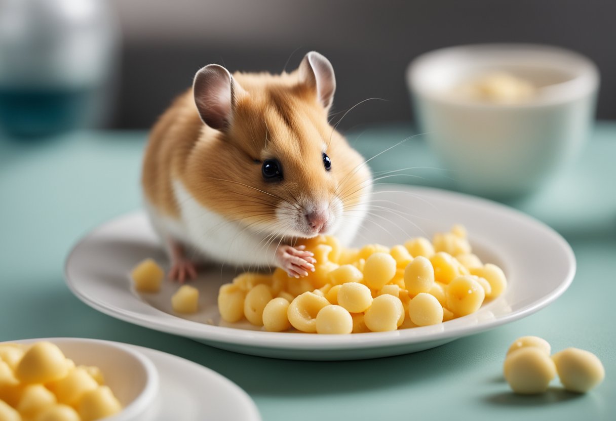 A hamster nibbles on a small portion of scrambled egg beside a dish of fresh water and crunchy pellets