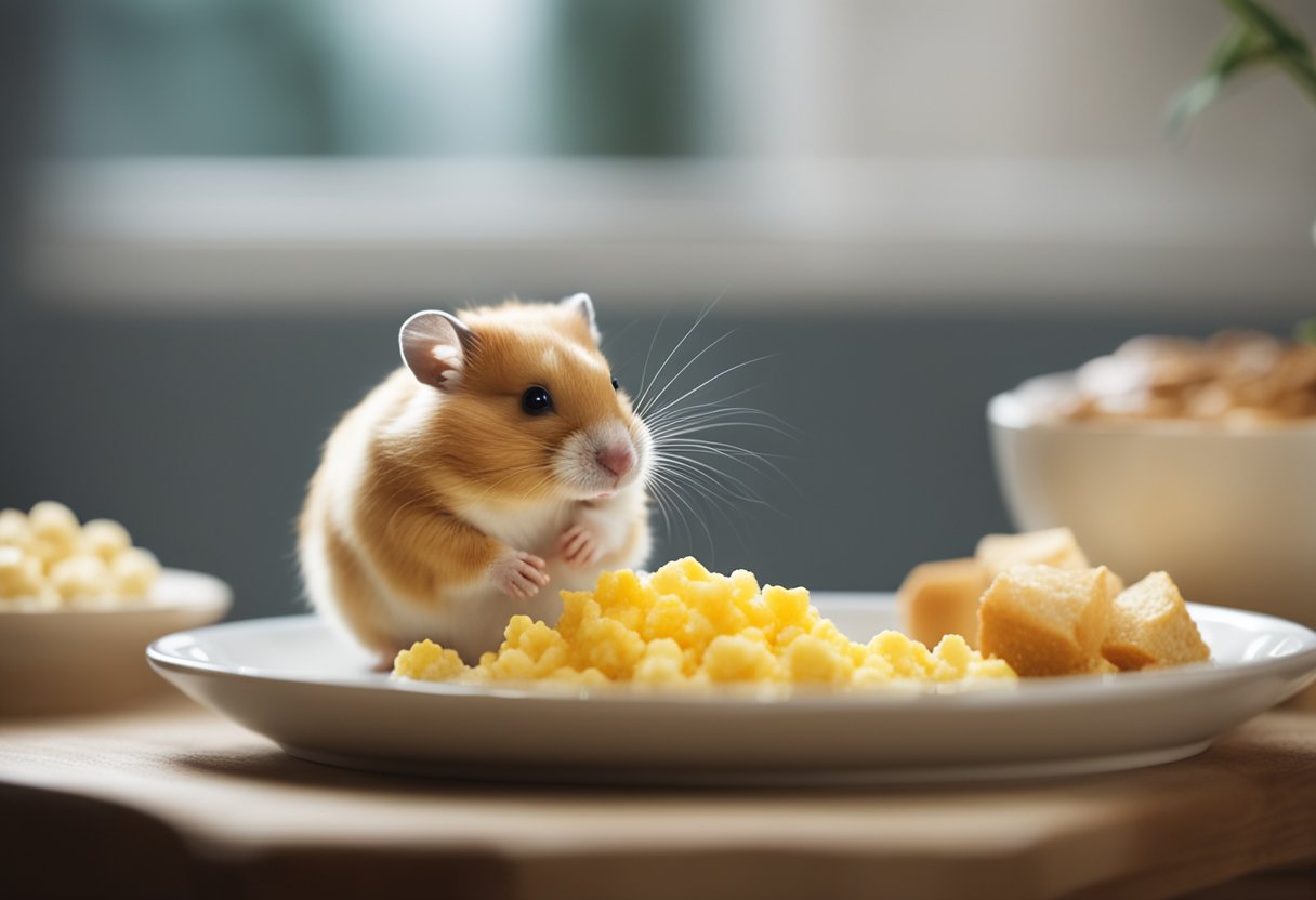 A hamster sits near a small bowl of scrambled egg, sniffing cautiously