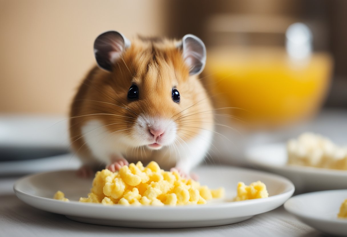 A small hamster eagerly nibbles on a plate of fluffy scrambled eggs