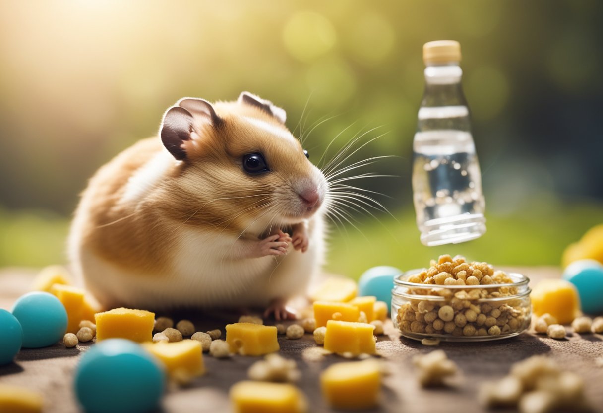 A hamster eagerly nibbles on a small pile of scrambled egg, surrounded by a scattering of food pellets and a water bottle in its cage