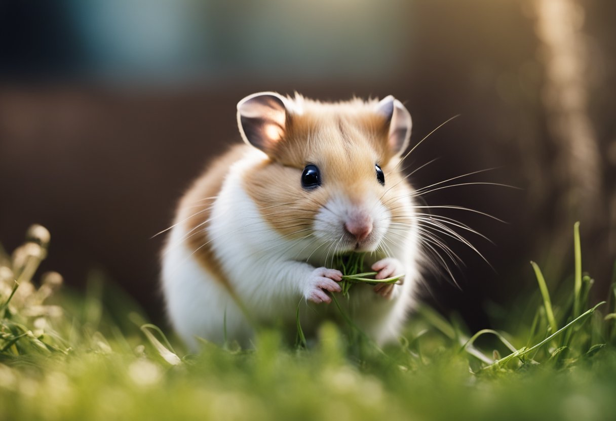 A hamster nibbles grass in a cozy, safe enclosure