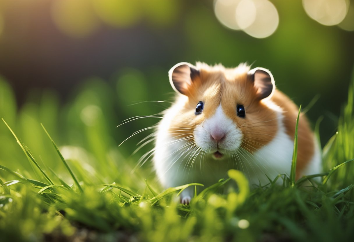 A hamster cautiously sniffs at a patch of grass, its whiskers twitching as it assesses the safety of the greenery