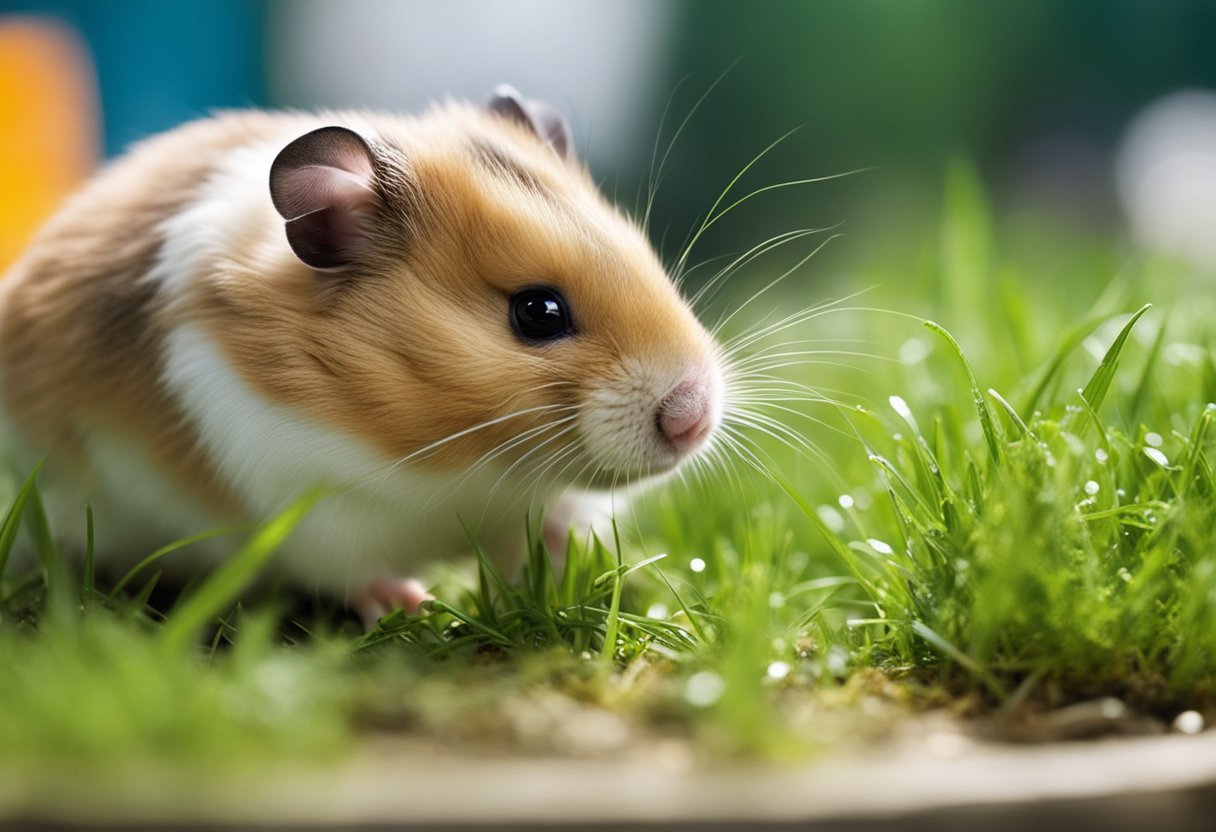 A hamster is happily munching on fresh, vibrant green grass in a clean, spacious enclosure. A small dish of fresh water sits nearby
