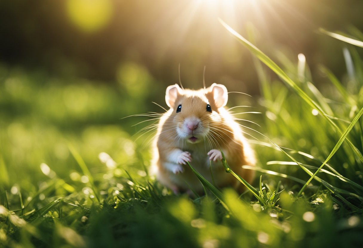 A hamster sits on green grass, sniffing and nibbling on the blades. The sun shines overhead, casting a warm glow on the small furry creature