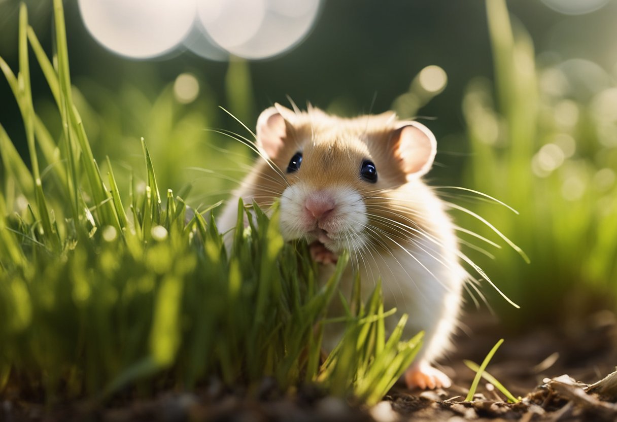 A hamster sniffs at a patch of grass, hesitantly nibbling on a blade. Its cautious expression suggests uncertainty about the safety of the greenery