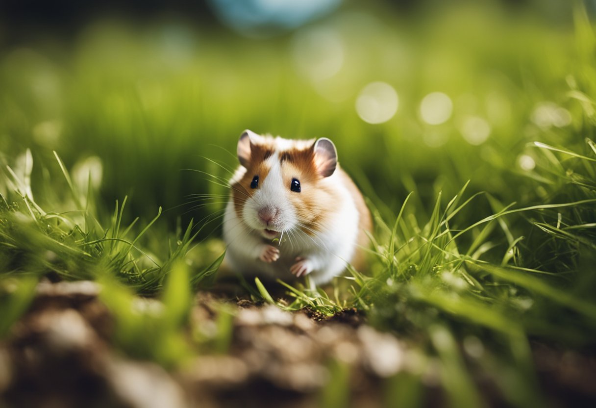 A hamster exploring a patch of green grass, sniffing and nibbling cautiously