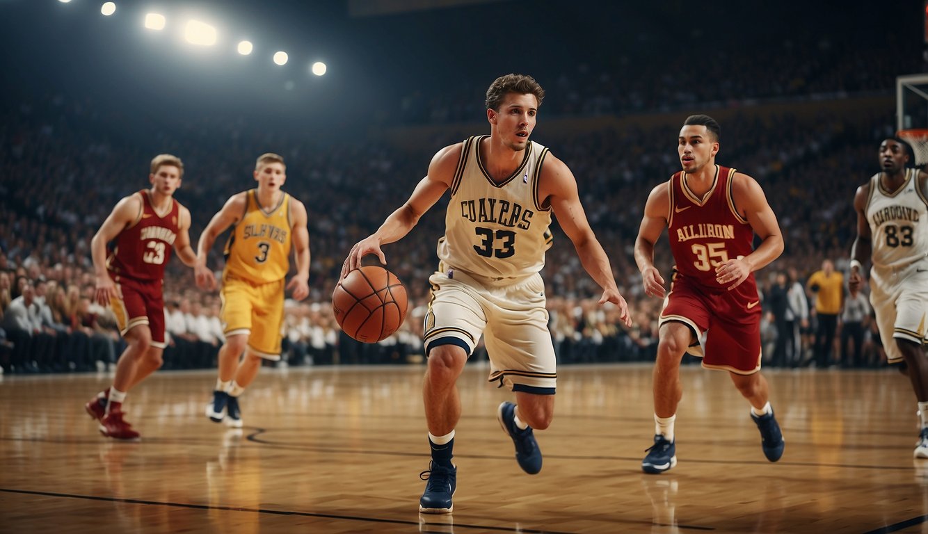 Players passing, dribbling, and shooting on a basketball court with cheering fans in the background