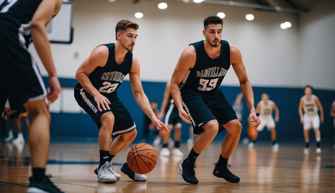 Players practicing dribbling, shooting, and defense on a basketball court. Demonstrating discipline and skill development through drills and teamwork