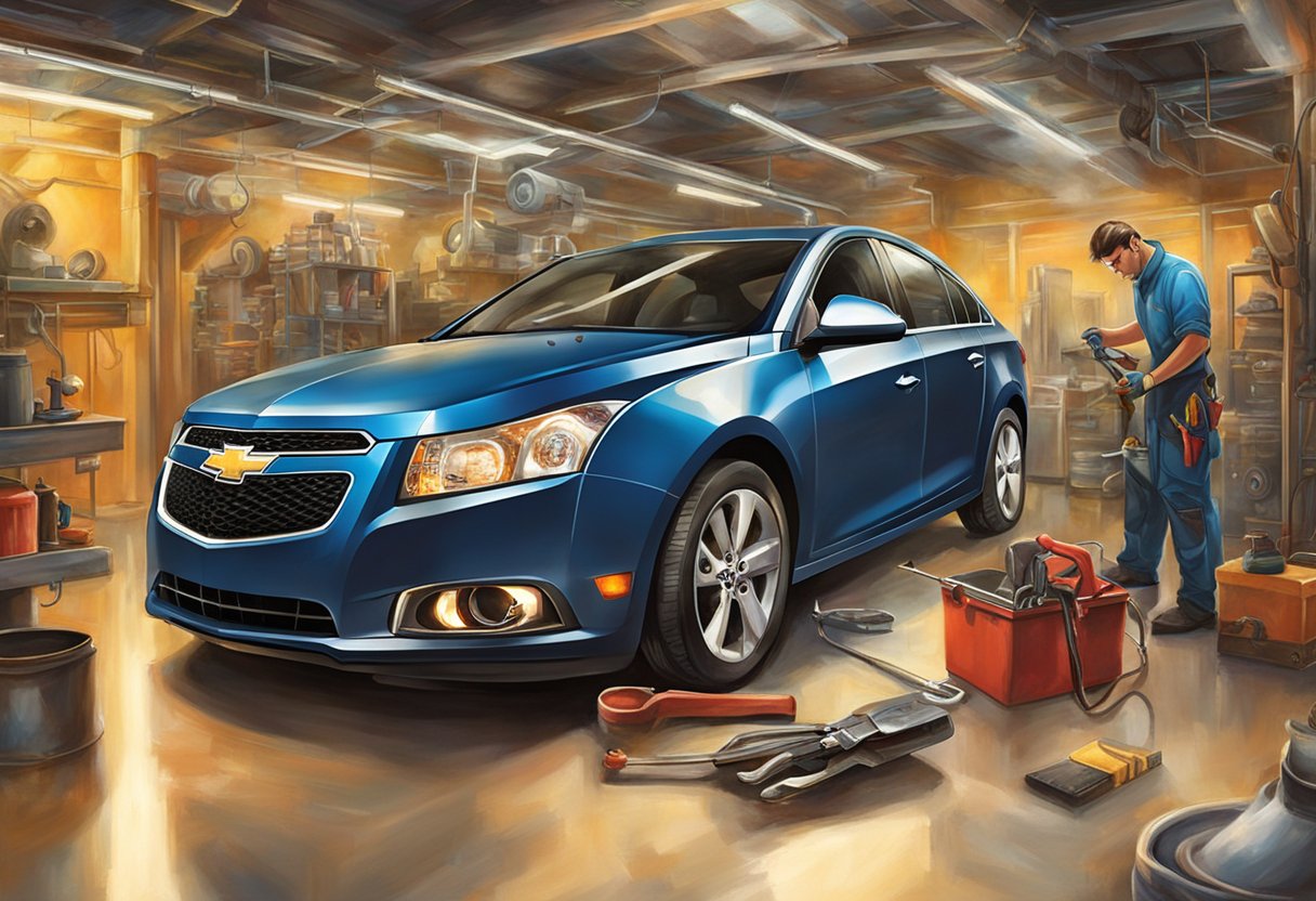 A mechanic changing the oil and performing maintenance on a 2014 Chevy Cruze, with various tools and equipment in a clean and organized workspace