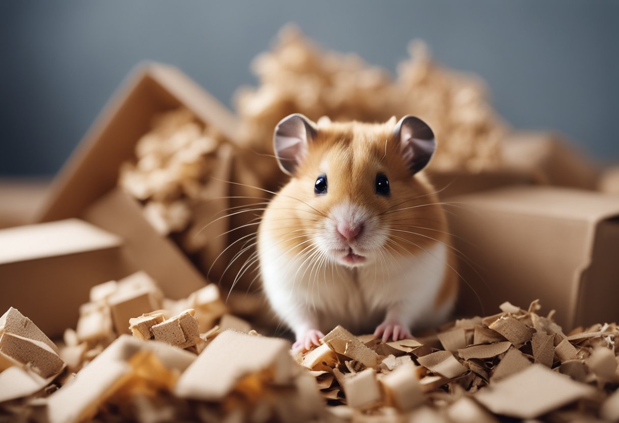 A hamster nibbles on a piece of cardboard, surrounded by scattered bedding and chewed up cardboard pieces