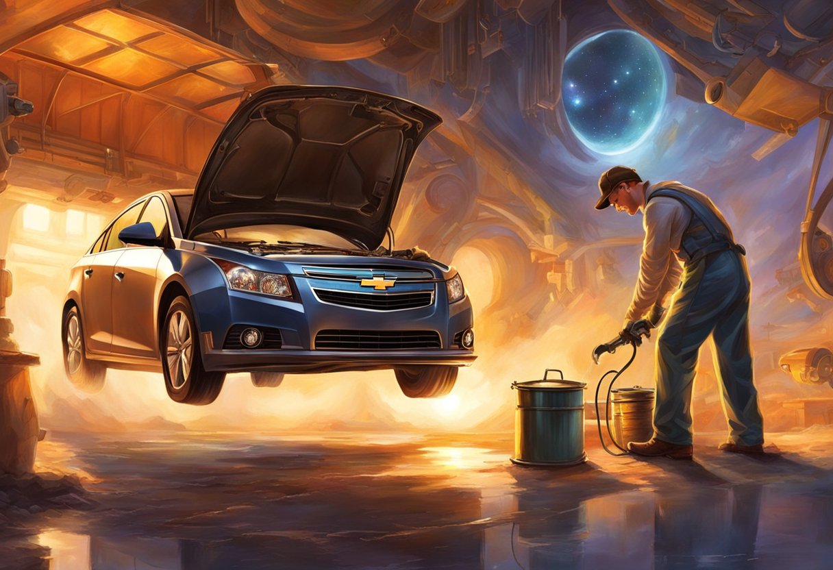 A mechanic pours high-quality oil into a Chevy Cruze engine, while another technician inspects the air filter for optimal vehicle performance