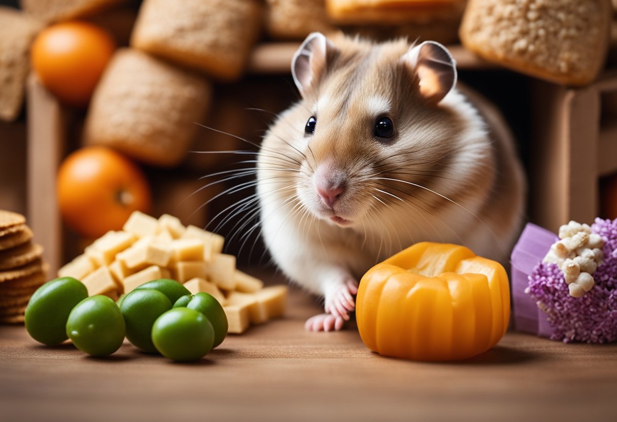 A hamster surrounded by various food items, with a prominent piece of cardboard nearby. The hamster is either eating or avoiding the cardboard, with a curious or cautious expression on its face