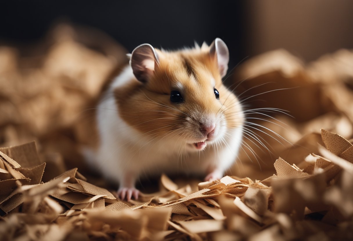 A hamster nibbles on a piece of cardboard, surrounded by shredded cardboard bedding in its cage