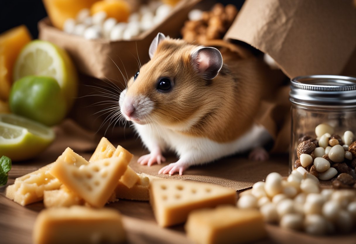 A hamster nibbles on a piece of cardboard, surrounded by various food and water resources