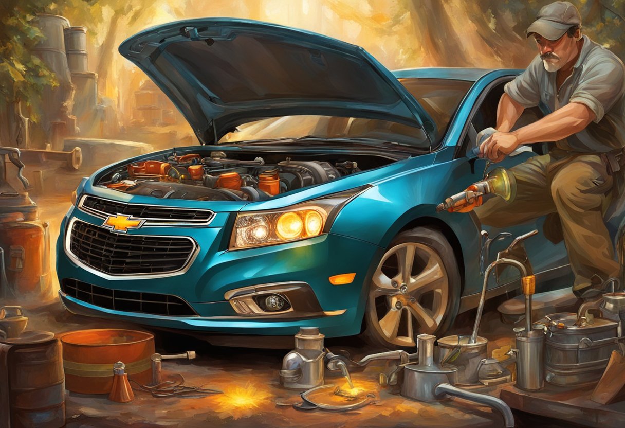 A mechanic pouring oil into a 2014 Chevy Cruze engine, surrounded by maintenance tools and a guide from themotorguy.com