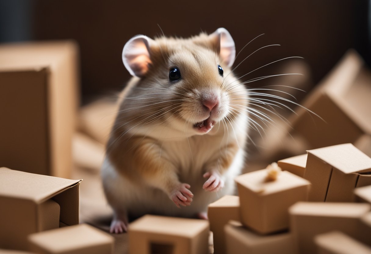 A hamster surrounded by cardboard, sniffing and nibbling on a piece with a curious expression