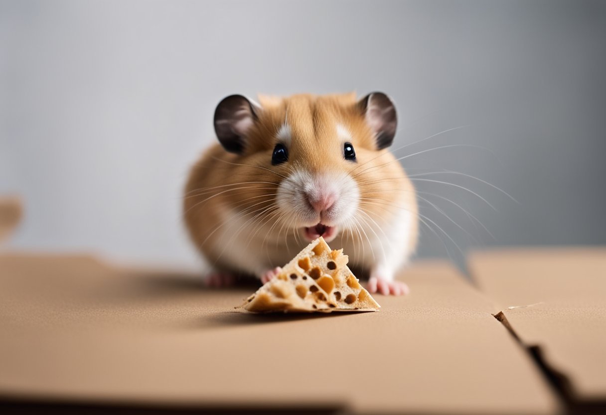 A hamster nibbles on a piece of cardboard, with a curious expression and tiny paws holding the material
