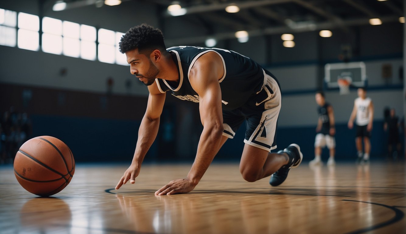 A basketball court with a player practicing dribbling and shooting, surrounded by motivational quotes and images of personal growth and development