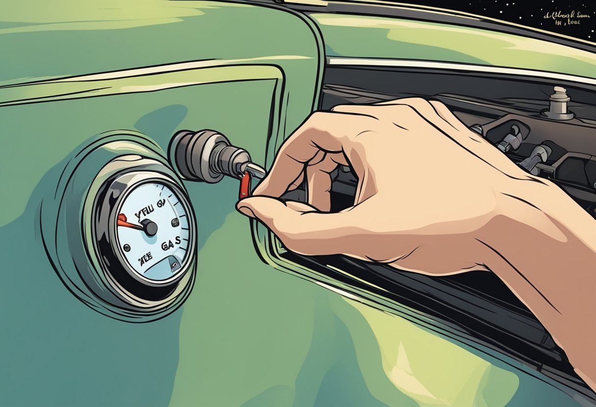 A person's hand tightens a loose gas cap on a car's fuel tank. The check engine light turns off as the problem is fixed