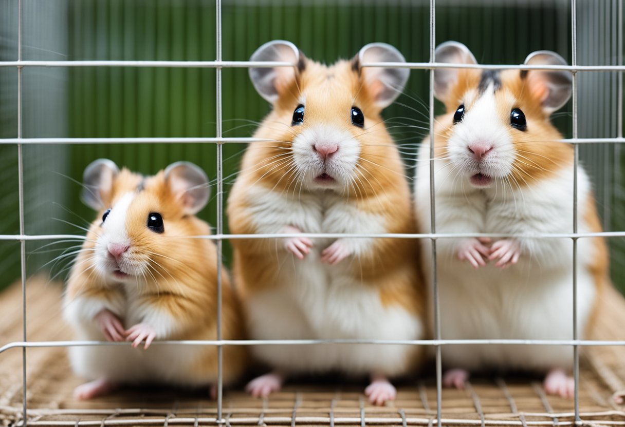Two hamsters, one male and one female, sitting calmly in their separate cages, with a peaceful and serene expression on their faces