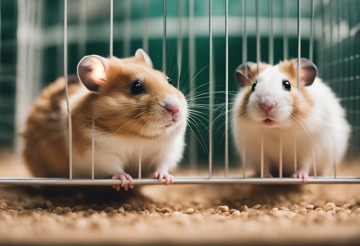 A girl hamster sits calmly in her cage, while a boy hamster runs around energetically, showcasing the behavioral differences between the two genders