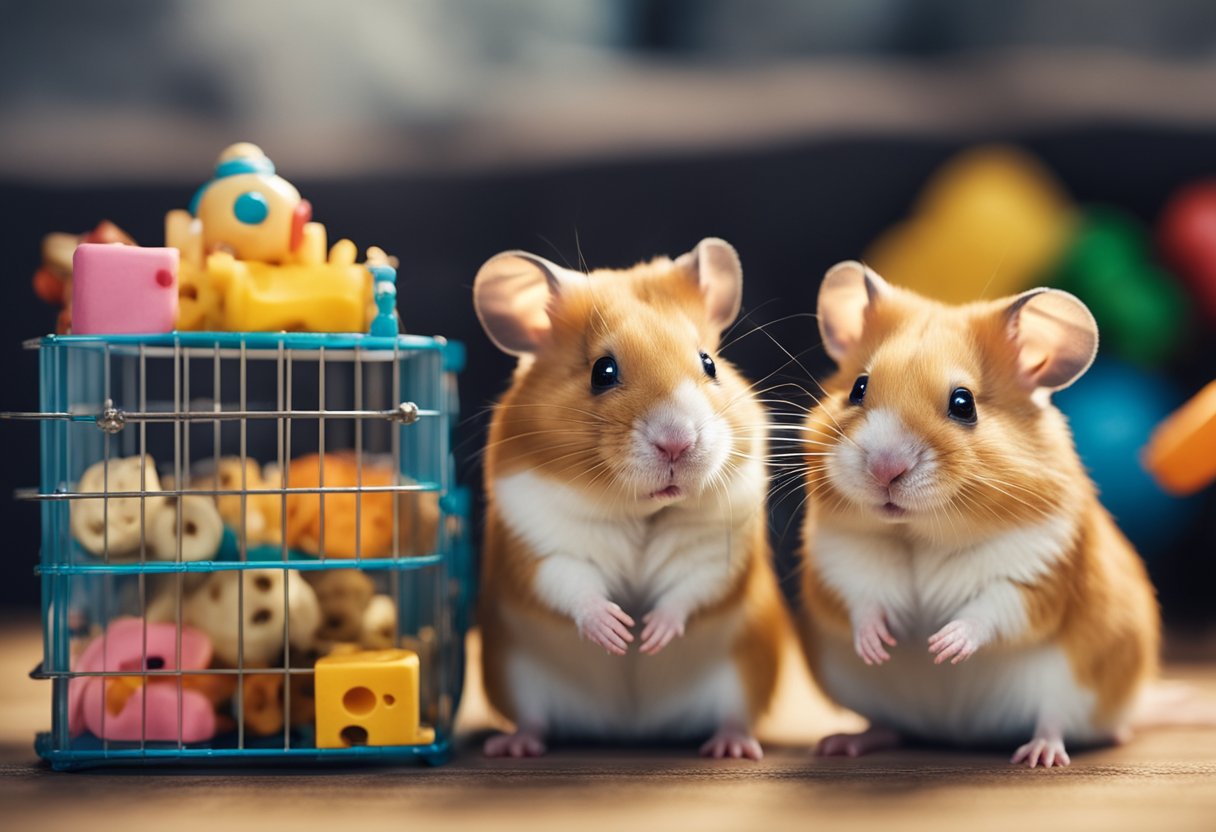 A boy and girl hamster sit side by side in separate cages, surrounded by toys and food. The boy appears more active, while the girl is calm and relaxed