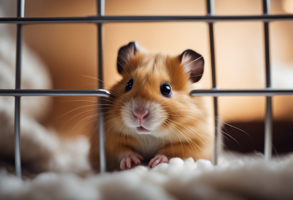 A calm hamster sits in a cozy cage, surrounded by soft bedding and chew toys. The hamster's fur is smooth and its eyes are bright, showing a sense of contentment