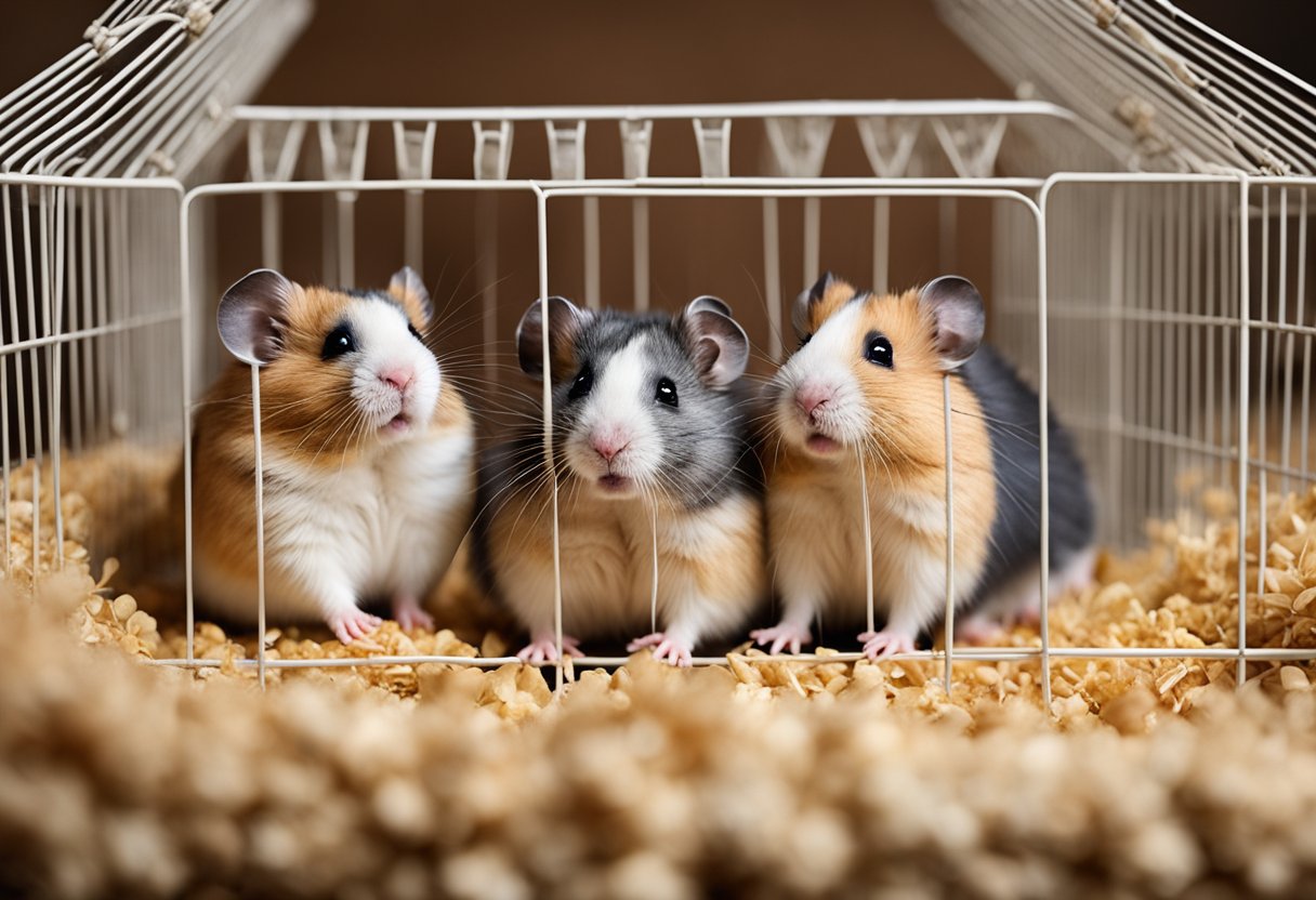 Two hamsters, one male and one female, sitting in separate cages. The male hamster appears calm, while the female hamster is also calm
