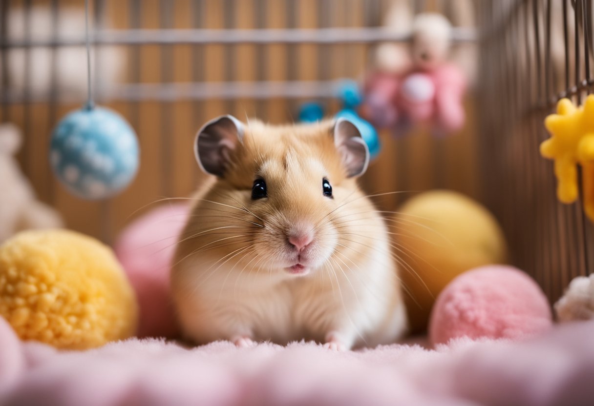 A calm hamster sits in a cozy cage, surrounded by toys and bedding. A sign reads "Frequently Asked Questions: Are boy or girl hamsters calmer?"
