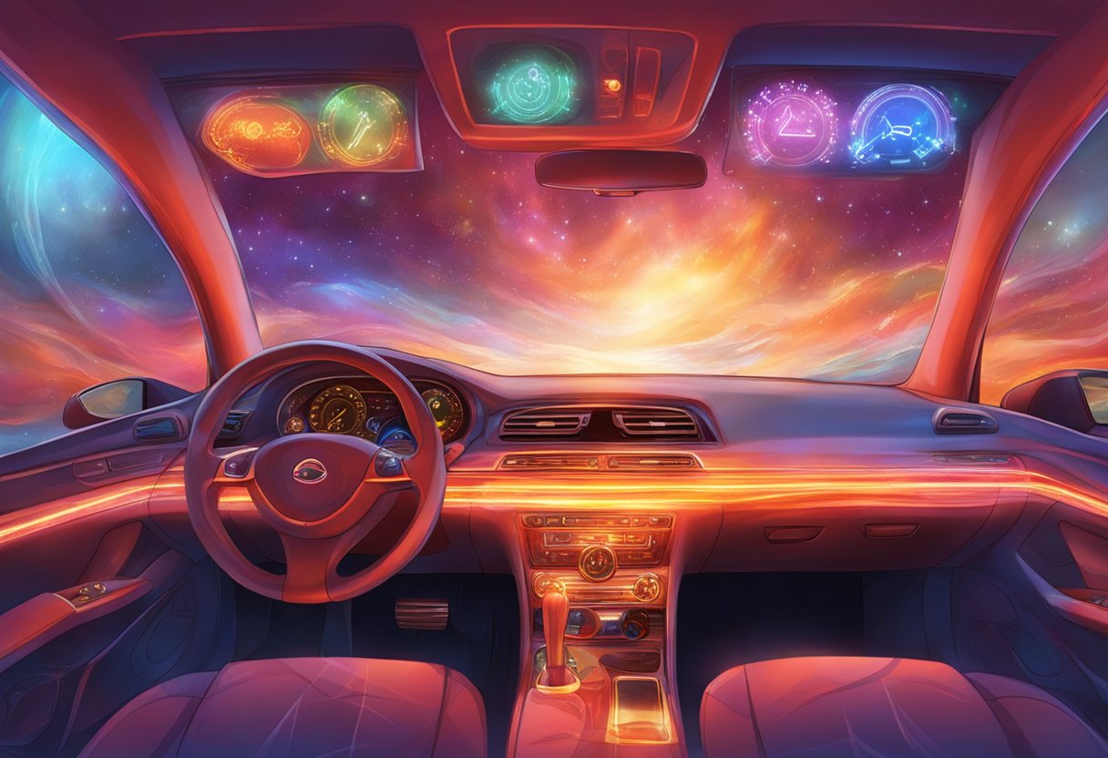 A car dashboard with multiple warning lights illuminated, including the master warning light, indicating various vehicle issues