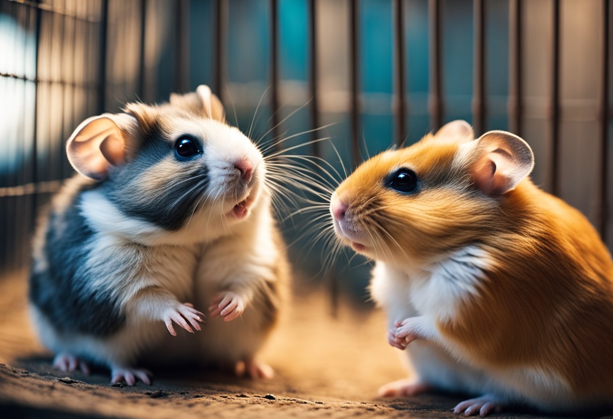 Two hamsters, one male and one female, sitting side by side in a cozy cage, looking at each other with curious and friendly expressions