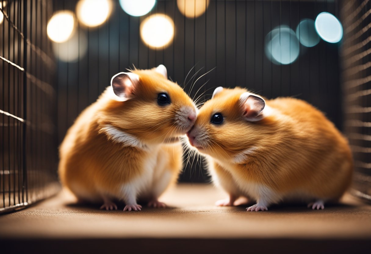 A male and female hamster stand facing each other, sniffing and grooming one another in a cozy, brightly lit cage