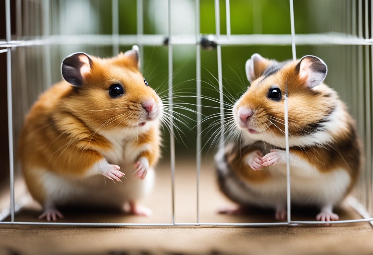 Two hamsters, one male and one female, interact in a cage. The male hamster appears more aggressive, while the female hamster seems more sociable and friendly