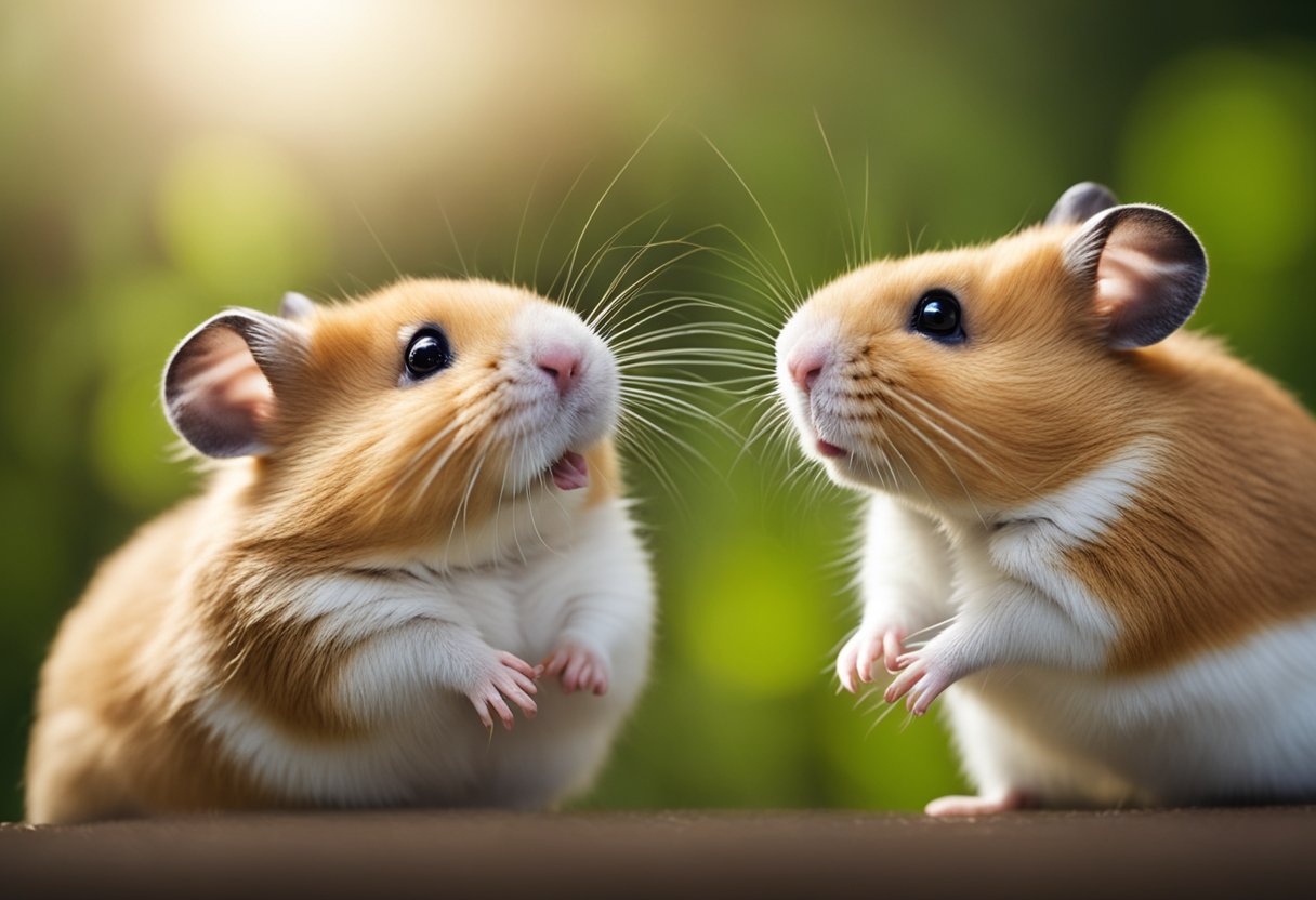 A male and female hamster stand face to face, both looking curious and friendly, with their noses twitching and their whiskers quivering