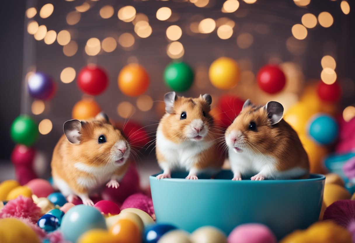 Two hamsters, one male and one female, playing together in a cozy cage, surrounded by colorful toys and bedding