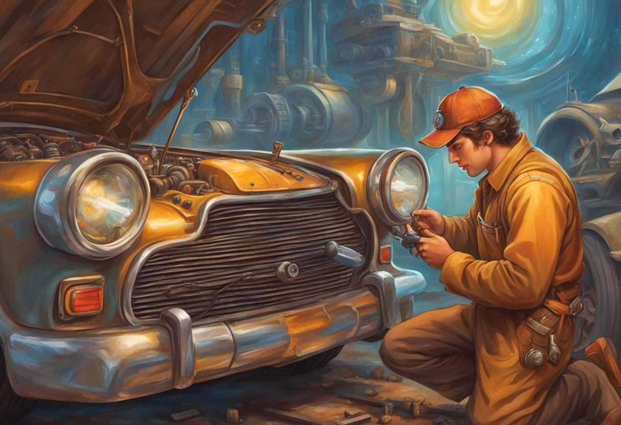 A mechanic inspecting a car engine, checking for any signs of wear and tear, and performing preventative maintenance