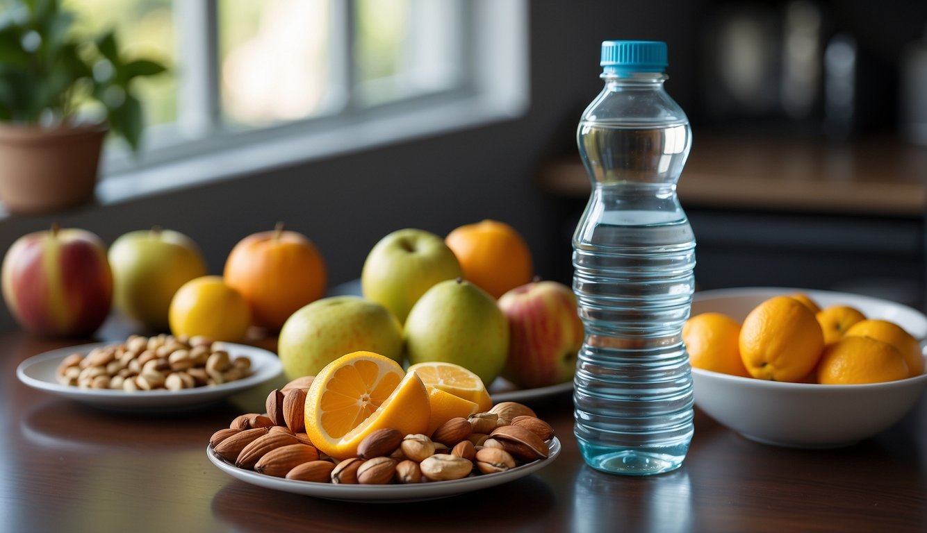 A bottle of water and a sports drink sit on a table next to a plate of sliced fruits and a bowl of nuts