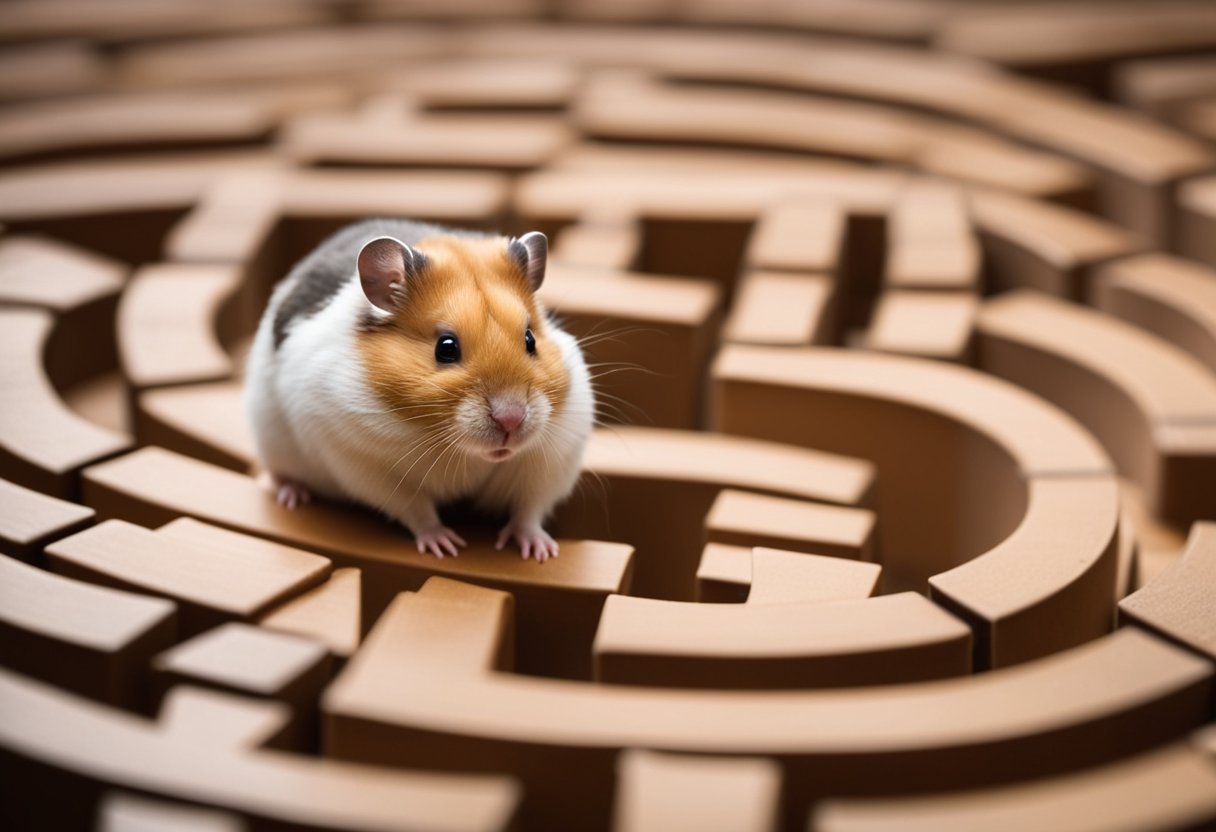 A hamster sits in a maze, contemplating its next move. It looks at different paths, considering the best route to take