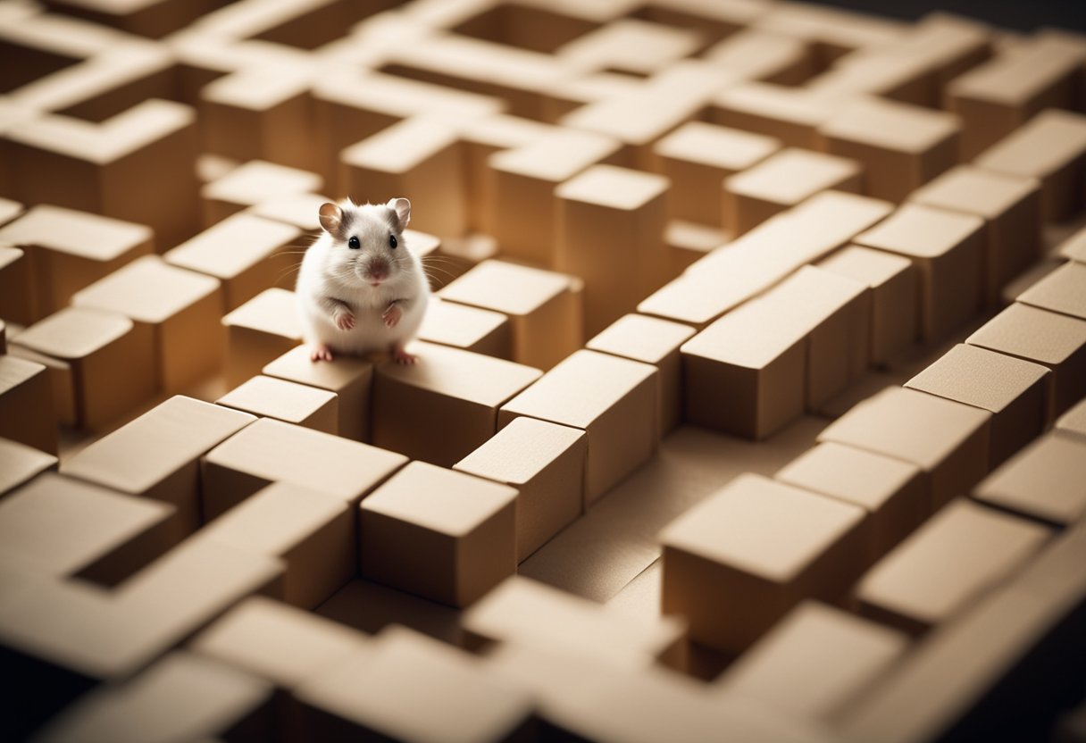A hamster sits in a maze, solving puzzles and navigating obstacles. Books and research papers surround it, indicating a study on hamster intelligence