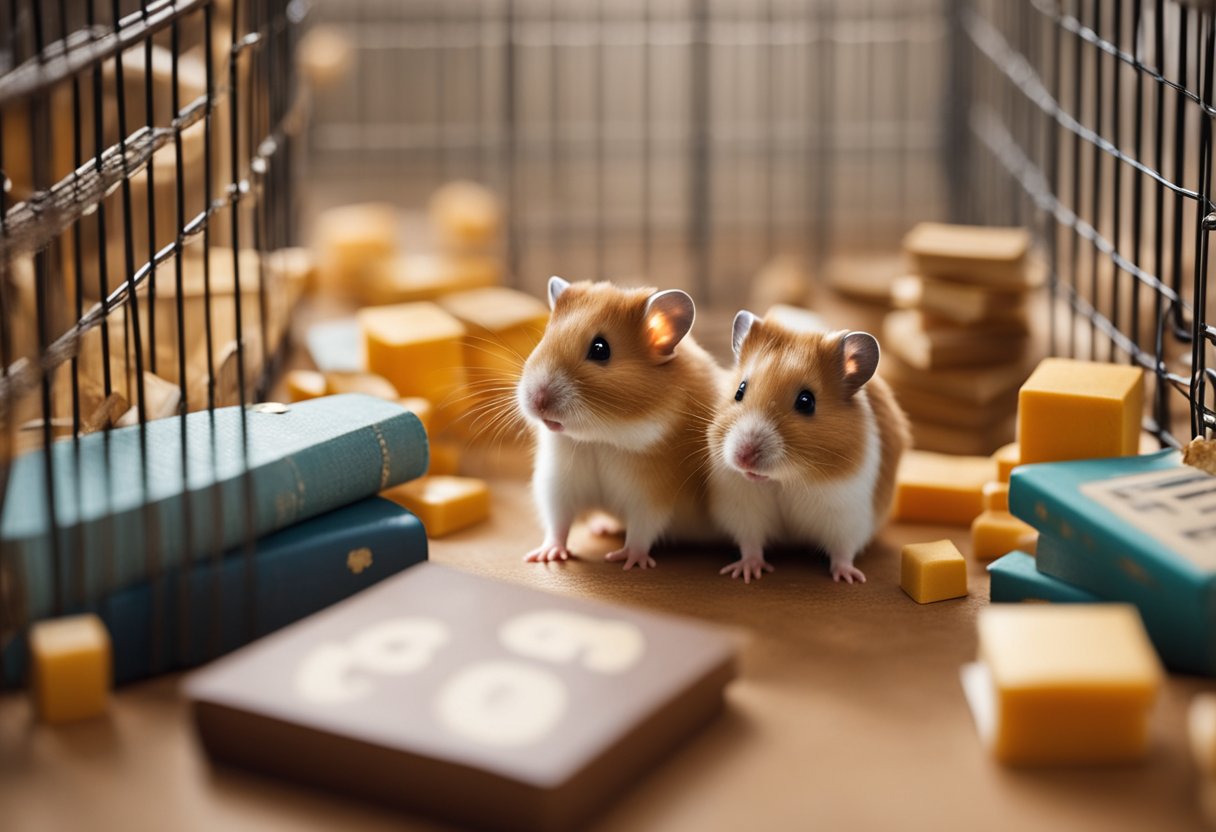 A hamster sits in a cage surrounded by books, a puzzle, and a maze. It looks at a small mirror and nibbles on a treat