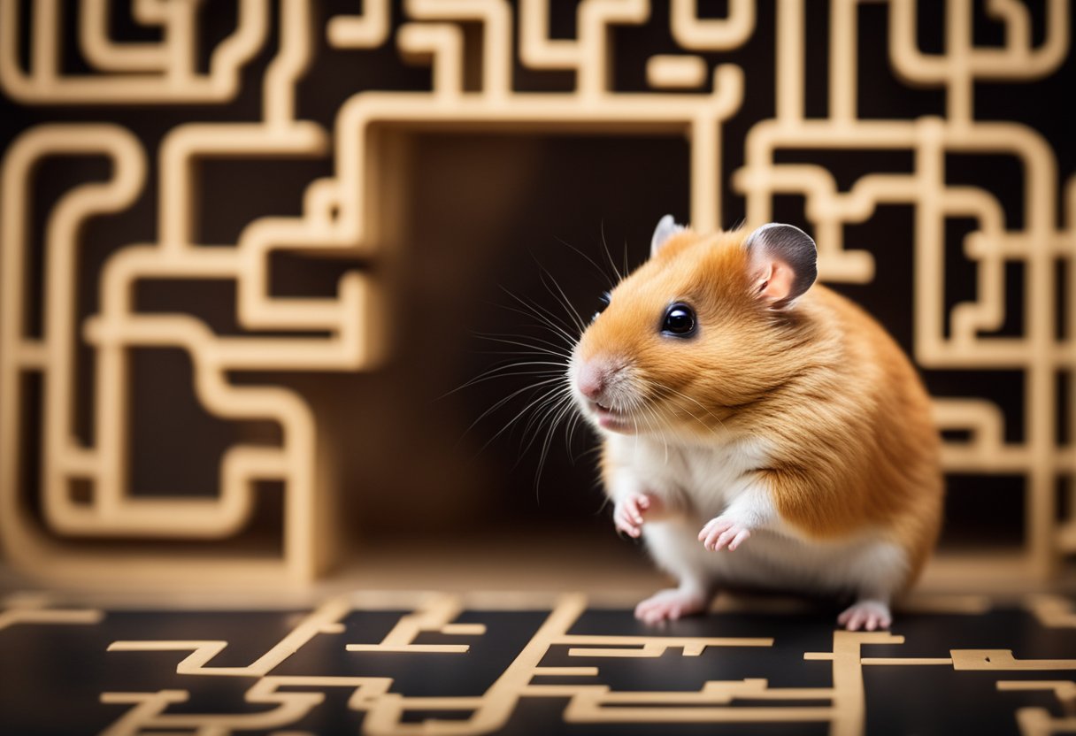 A curious hamster stands on its hind legs, examining a maze