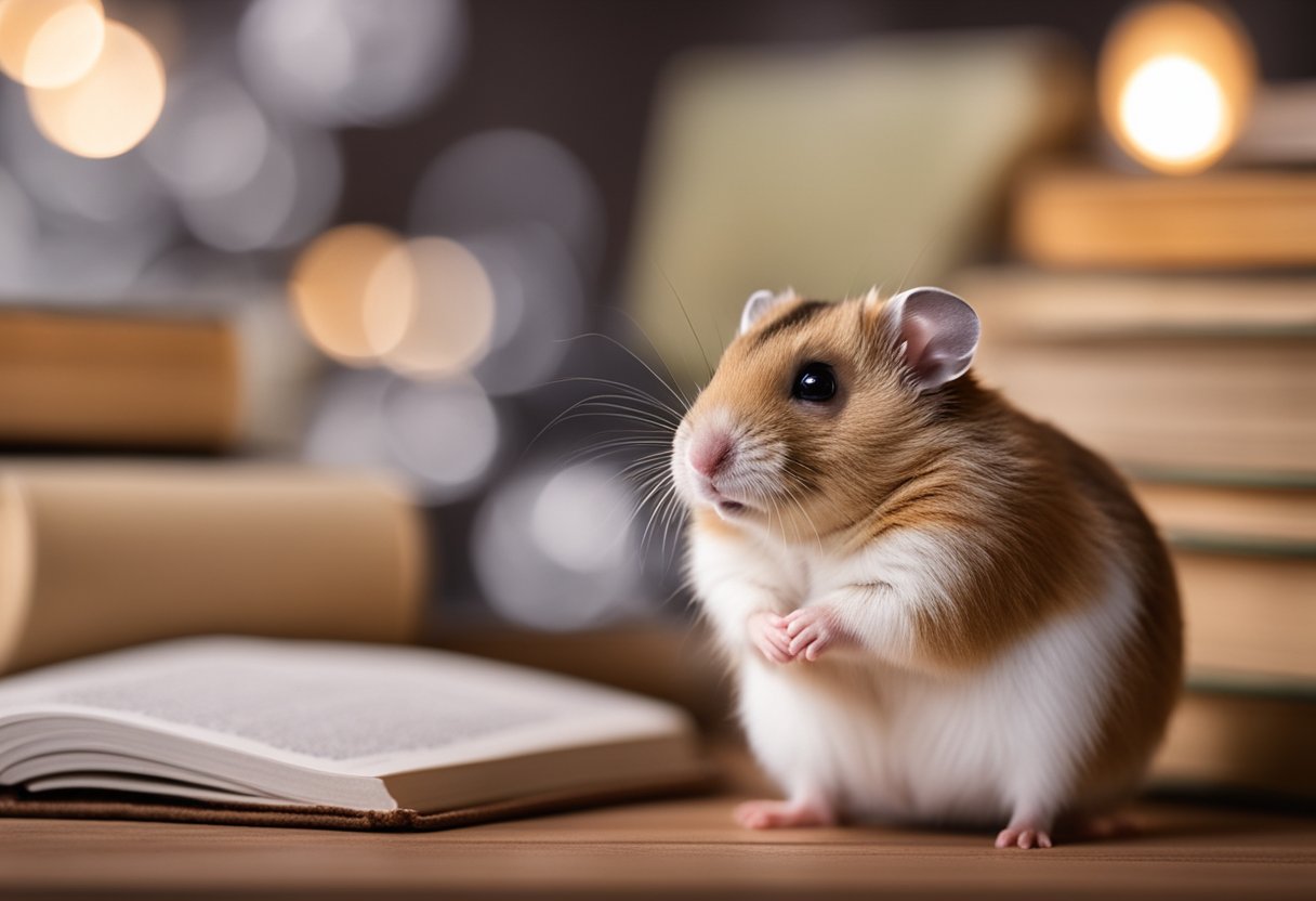 A hamster sits in a cage, surrounded by books and a computer screen displaying "Frequently Asked Questions: Are hamsters intelligent?"