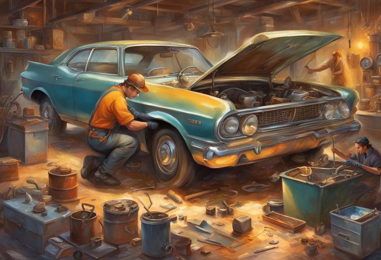 A mechanic removing a damaged oil pan from a car, with various tools and replacement parts scattered around the work area